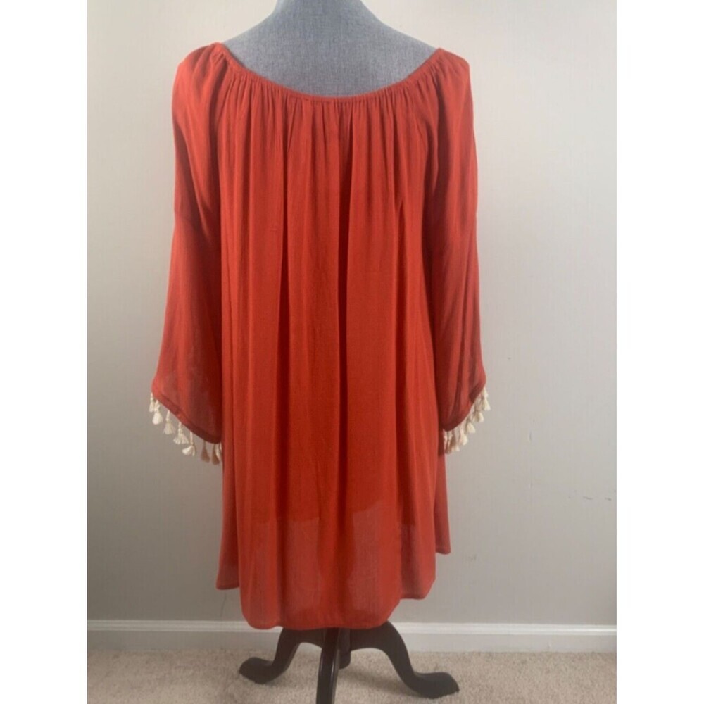 Kori Beach Tunic Boho Tribal Cover-up 3/4 Tassel Sleeve Mini Dress Red Small - Picture 3 of 8